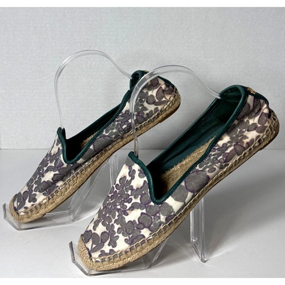 Tory Burch Floral Print Espadrille Flats Size 10 Flowers Canvas Purple Green